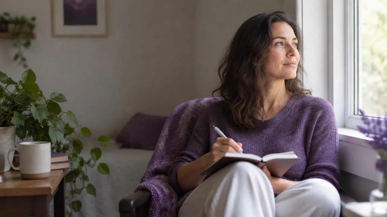 Mujer reflexiona junto a una ventana y escribe en un cuaderno durante un momento de introspección