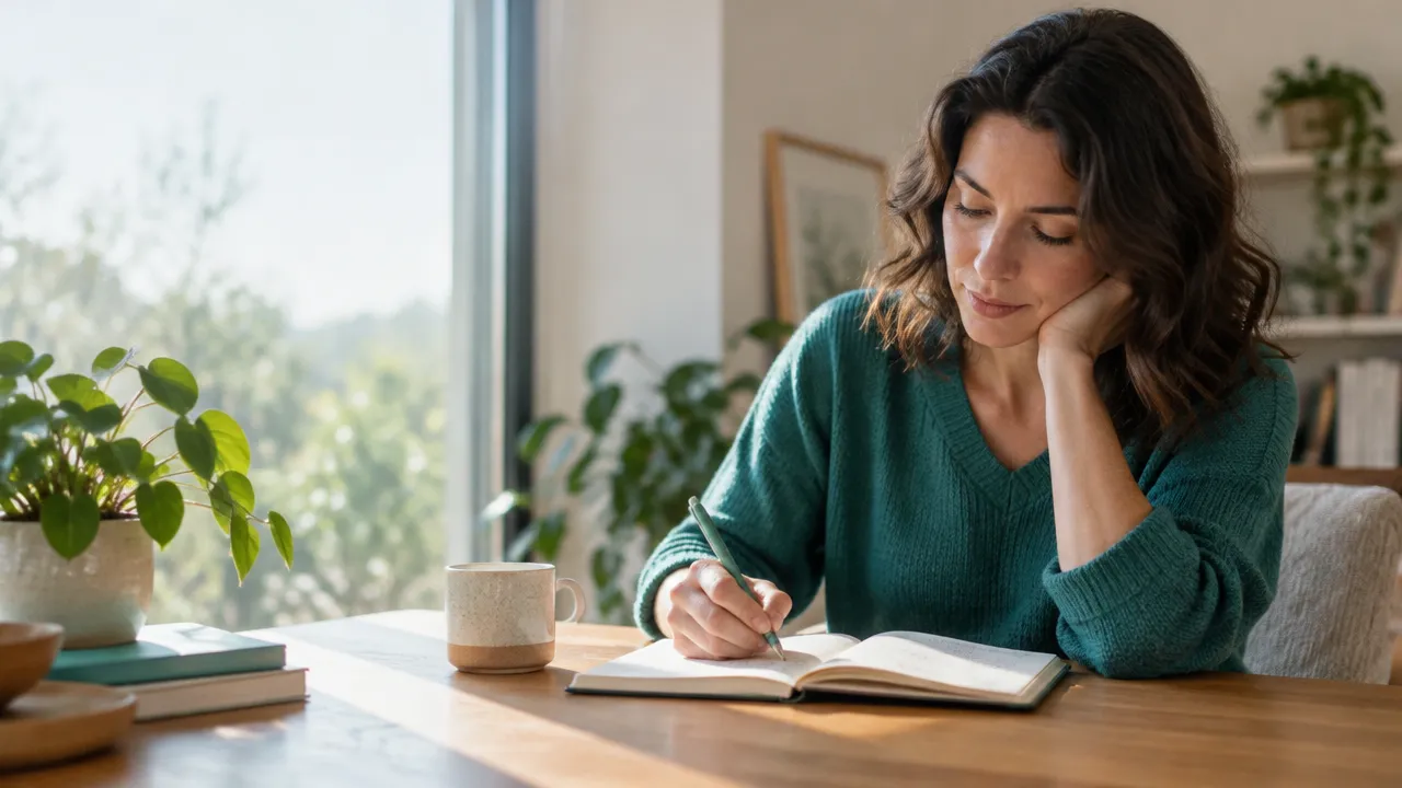 Mujer reflexiona y escribe en un cuaderno junto a una ventana, una escena cotidiana de bienestar consciente.