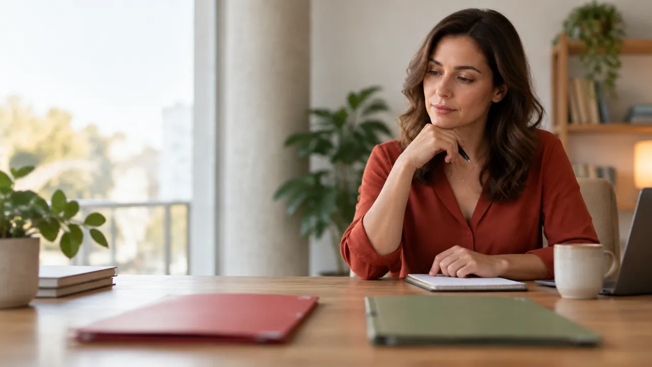Mujer reflexionando con calma antes de tomar una decisión en su espacio de trabajo