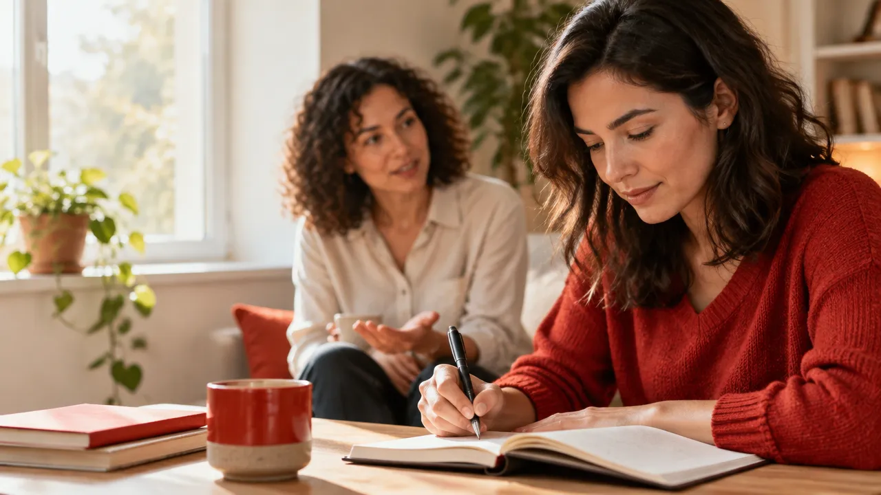 Mujer reflexionando en un cuaderno junto a una persona de apoyo, representación del bienestar y el desarrollo personal