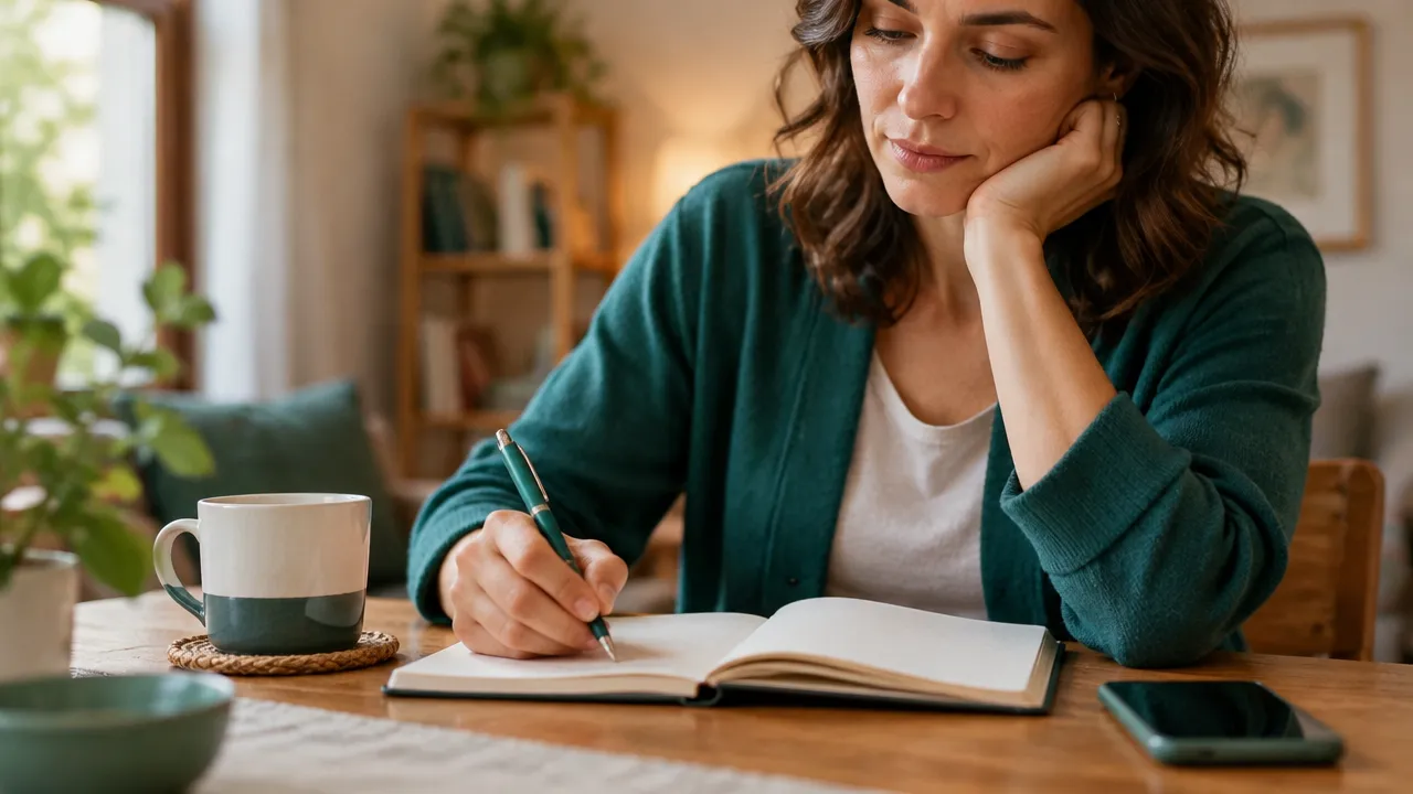 Mujer reflexionando y anotando sus emociones después de una conversación difícil
