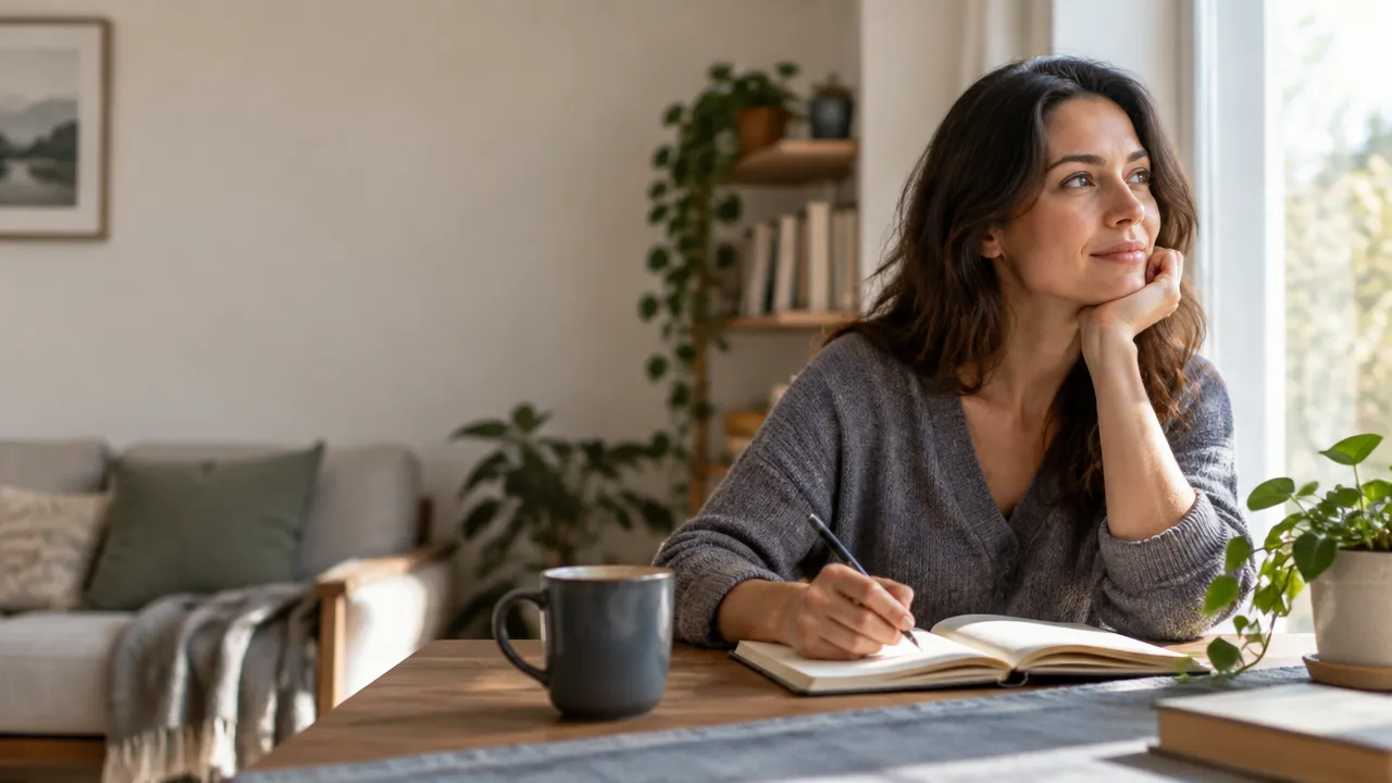 Mujer reflexionando y escribiendo en un cuaderno junto a una ventana, una escena de bienestar emocional equilibrado