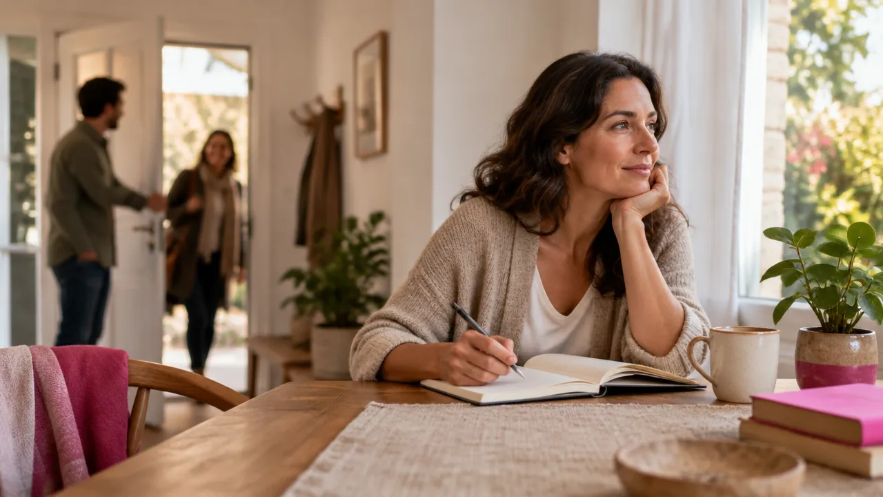 Mujer reflexionando y escribiendo en un cuaderno junto a una ventana, como práctica de gratitud consciente.