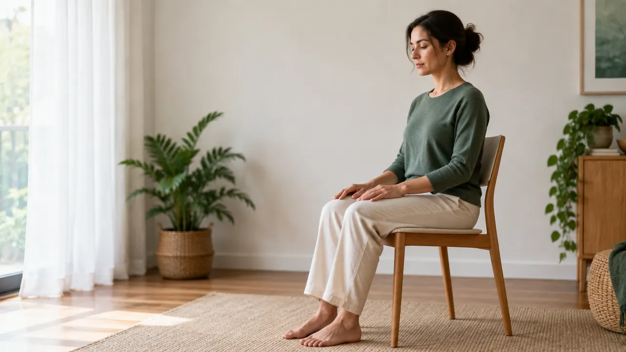 Mujer sentada con postura estable en casa, atendiendo a la respiración natural
