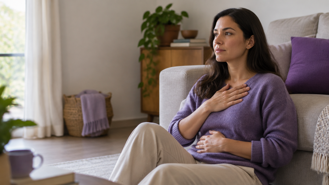 Mujer sentada en casa, respirando con calma durante un momento de desbordamiento emocional.