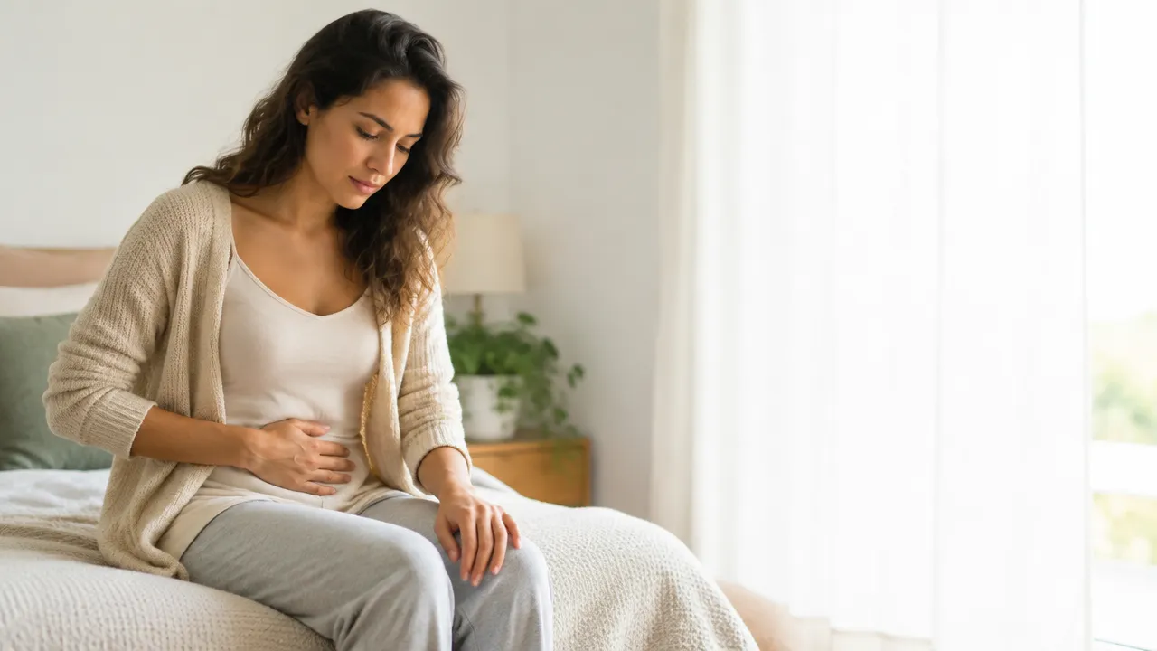 Mulher adulta apoiando a mão no baixo ventre ao perceber desconforto pélvico durante o ciclo menstrual