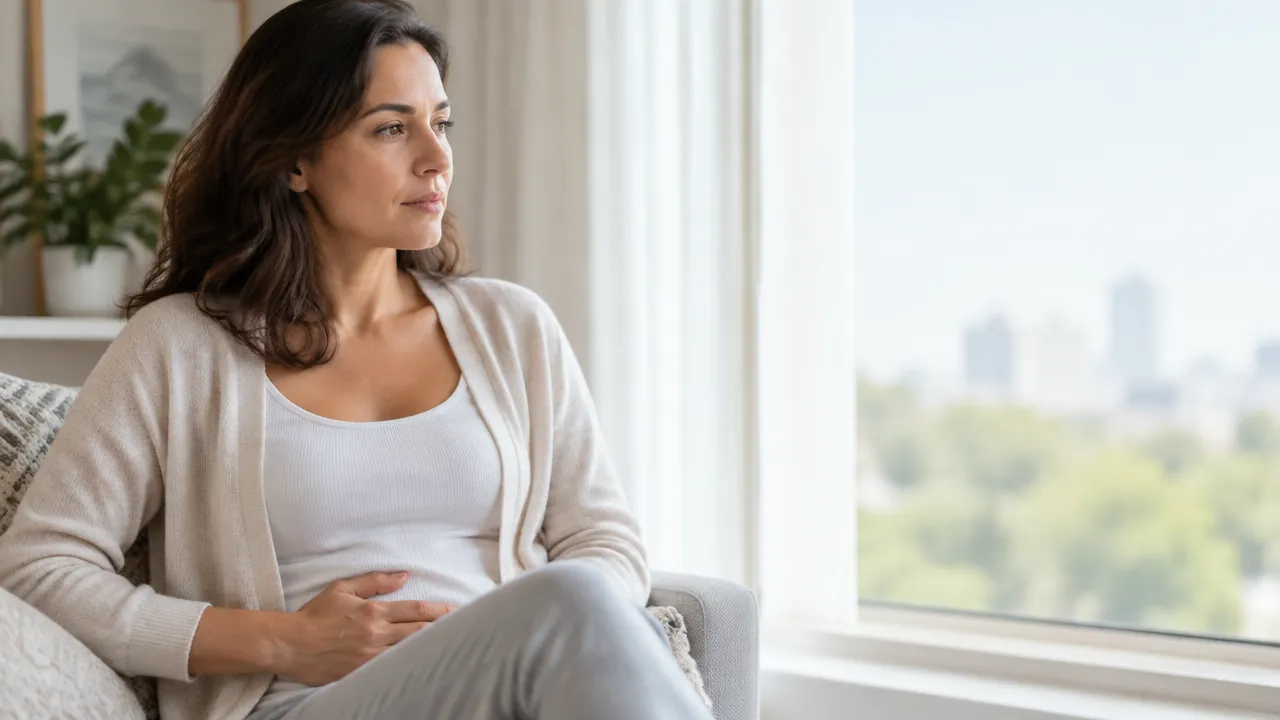Mulher adulta com a mão sobre o baixo ventre, representando a investigação do sangramento menstrual intenso associado à adenomiose.