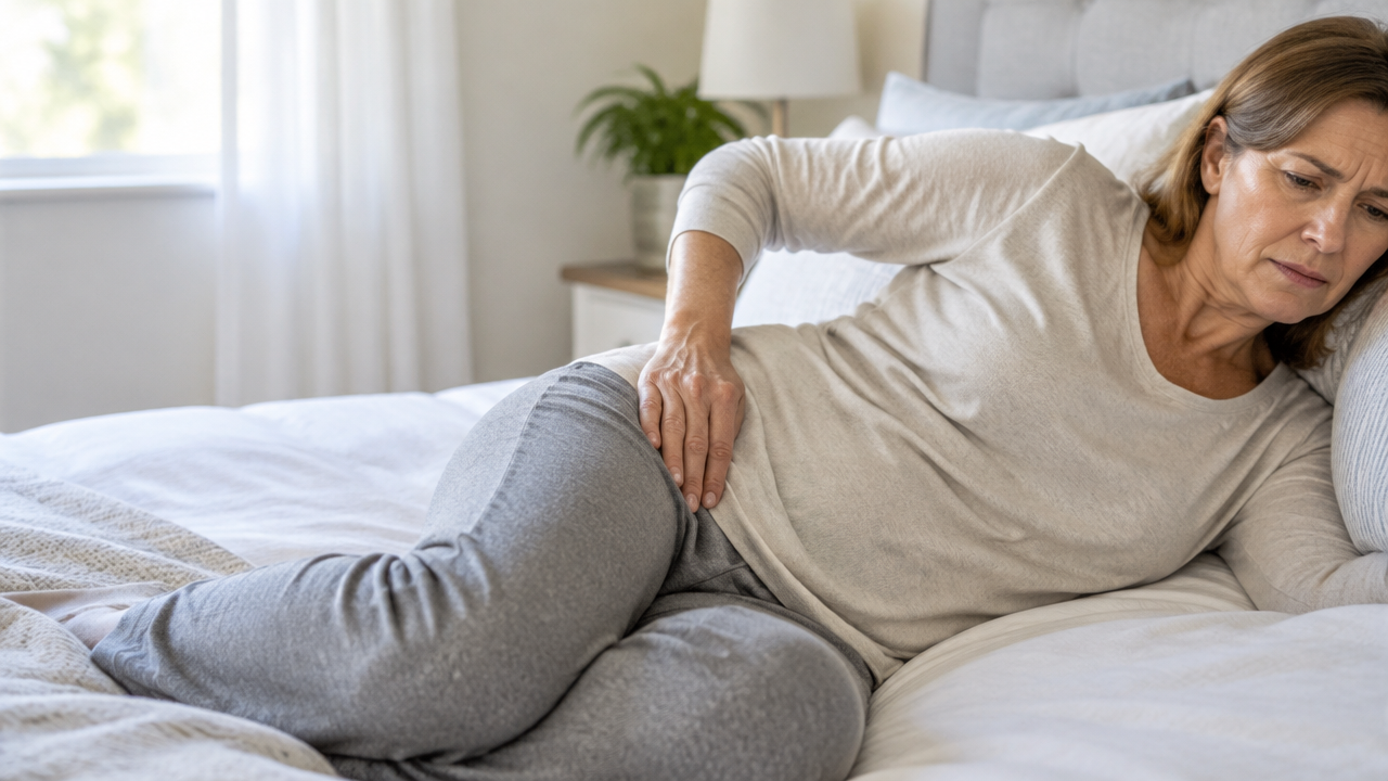 Mulher adulta deitada de lado e apoiando a mão na lateral do quadril, representando dor ao dormir