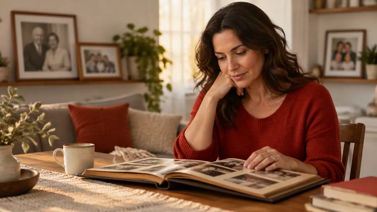 Mulher adulta observa um álbum de família enquanto reflete sobre padrões de relacionamento entre gerações