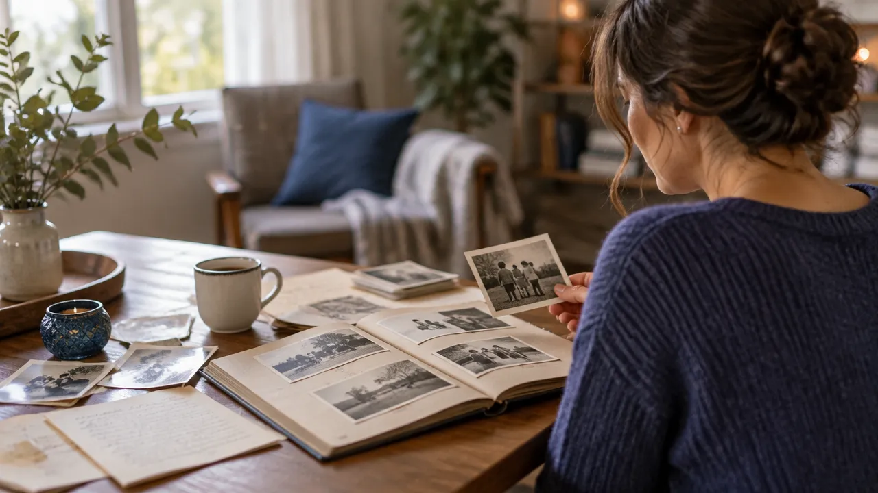 Mulher adulta refletindo sobre sua história familiar ao observar fotografias antigas em um álbum