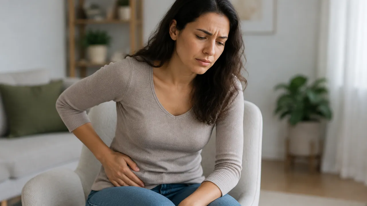 Mulher com dor pélvica súbita e unilateral, um sinal que exige avaliação médica urgente.