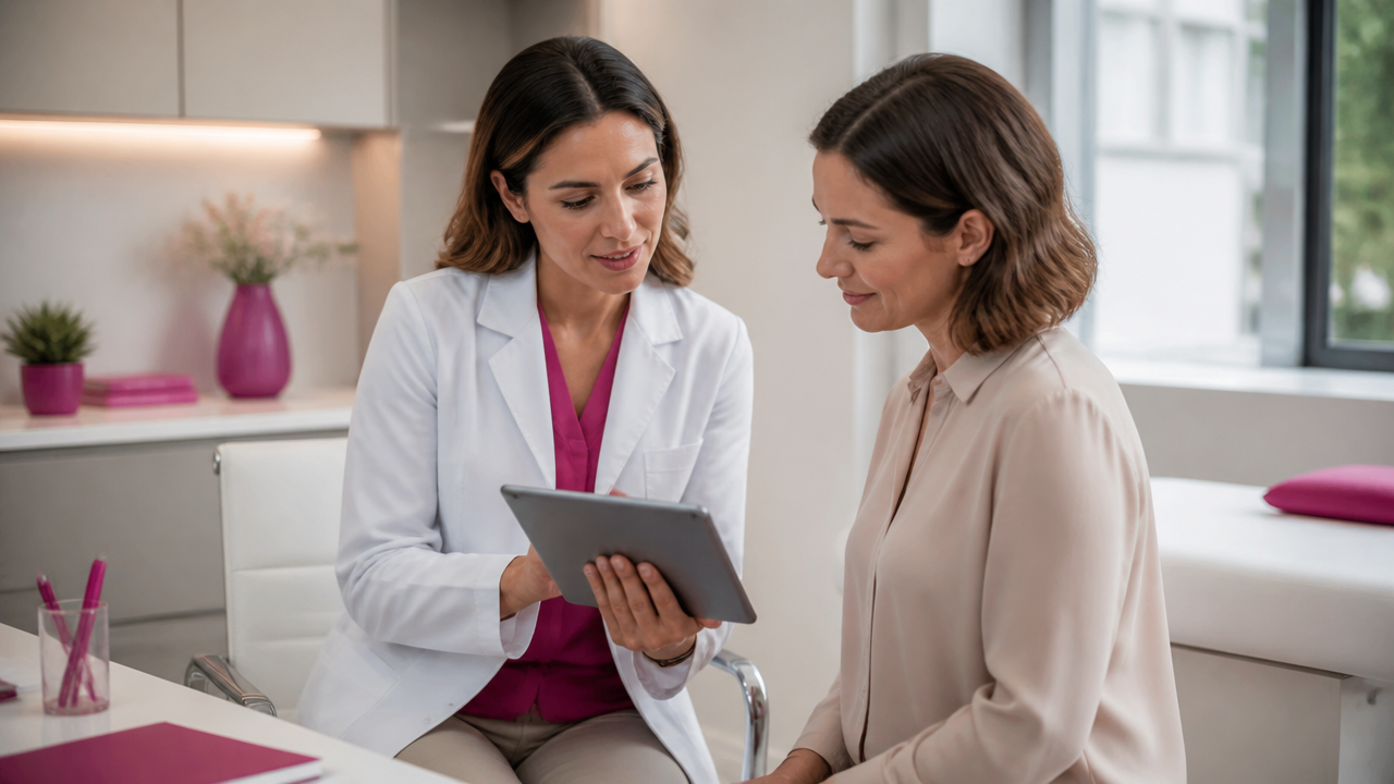 Mulher em consulta preventiva de rotina com médica em consultório acolhedor.