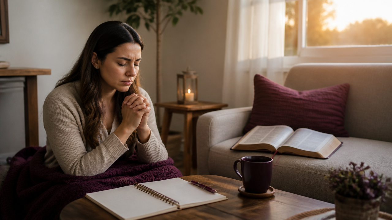 Mulher em oração dentro de casa, intercedendo pela restauração espiritual da família