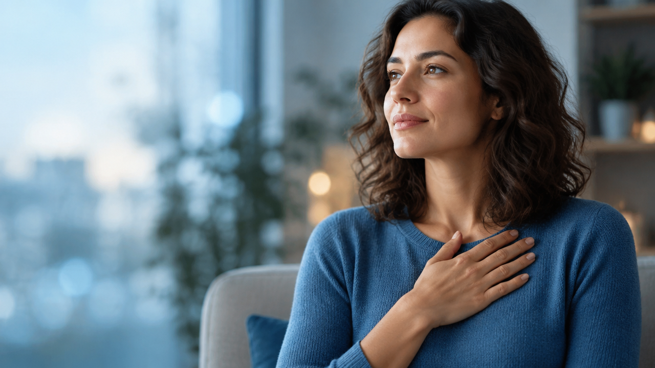 Mulher em pausa introspectiva percebendo as próprias emoções, em imagem sobre cérebro e sentimentos