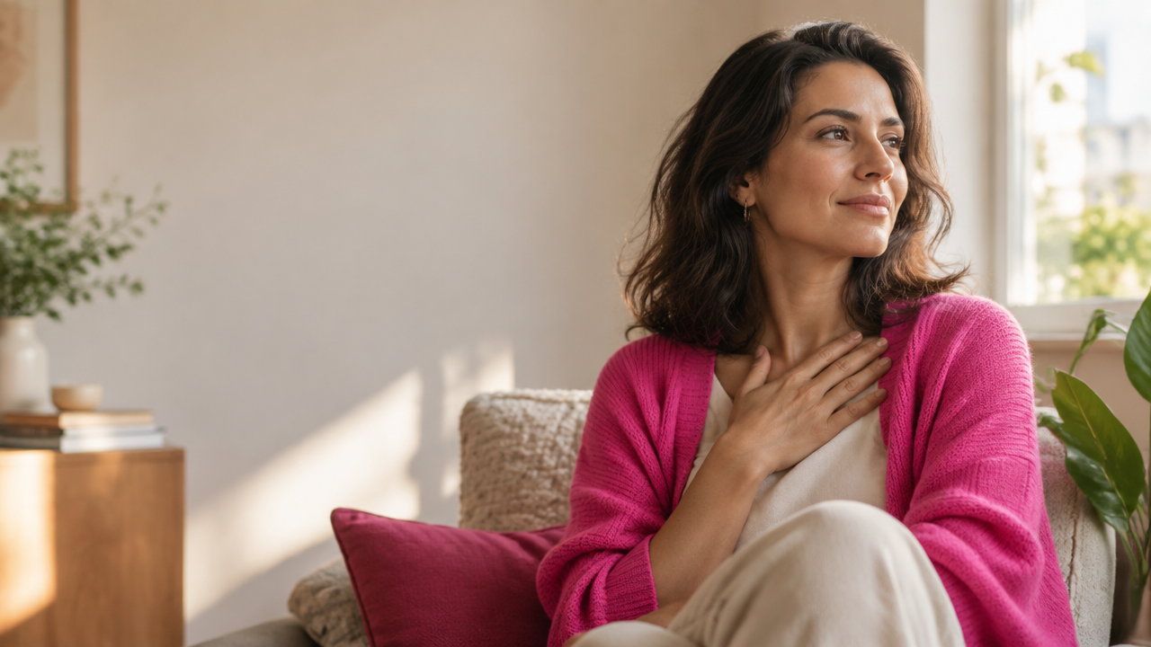Mulher em pausa reflexiva, com a mão sobre o peito, acolhendo as próprias emoções