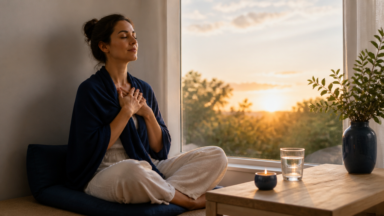 Mulher em ritual matinal de respiração e intenção perto da janela com vela acesa