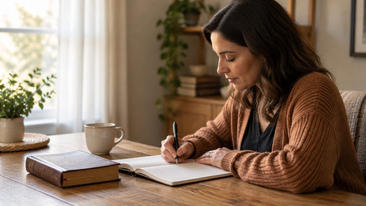 Mulher escreve em um caderno após orar, organizando os sentimentos antes de uma conversa respeitosa