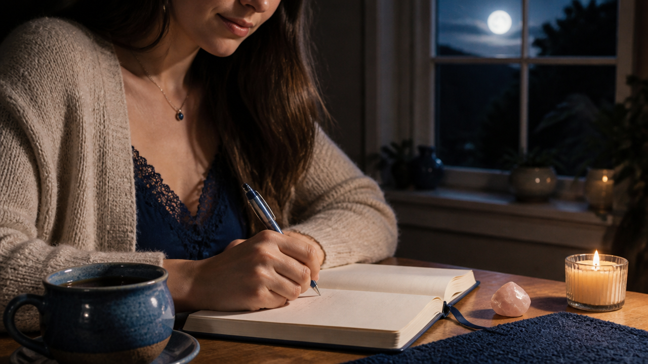 Mulher escrevendo afirmações de autocuidado em um diário à noite