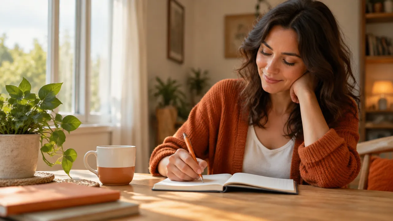 Mulher escrevendo em um diário como prática de autonomia e autocuidado emocional