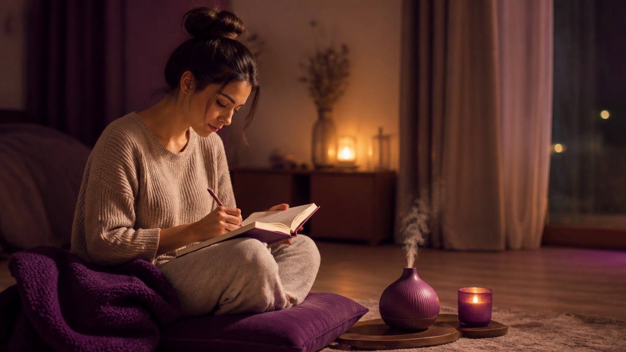 Mulher escrevendo no caderno durante ritual noturno de autocuidado