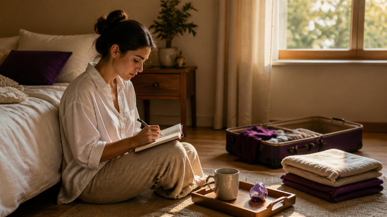 Mulher escrevendo no diário após voltar de uma viagem espiritual
