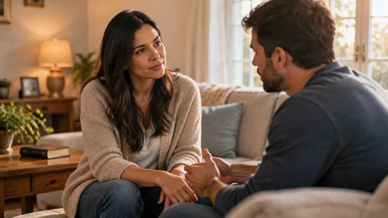 Mulher escuta o marido com atenção durante uma conversa tranquila em casa, demonstrando apoio e diálogo no casamento