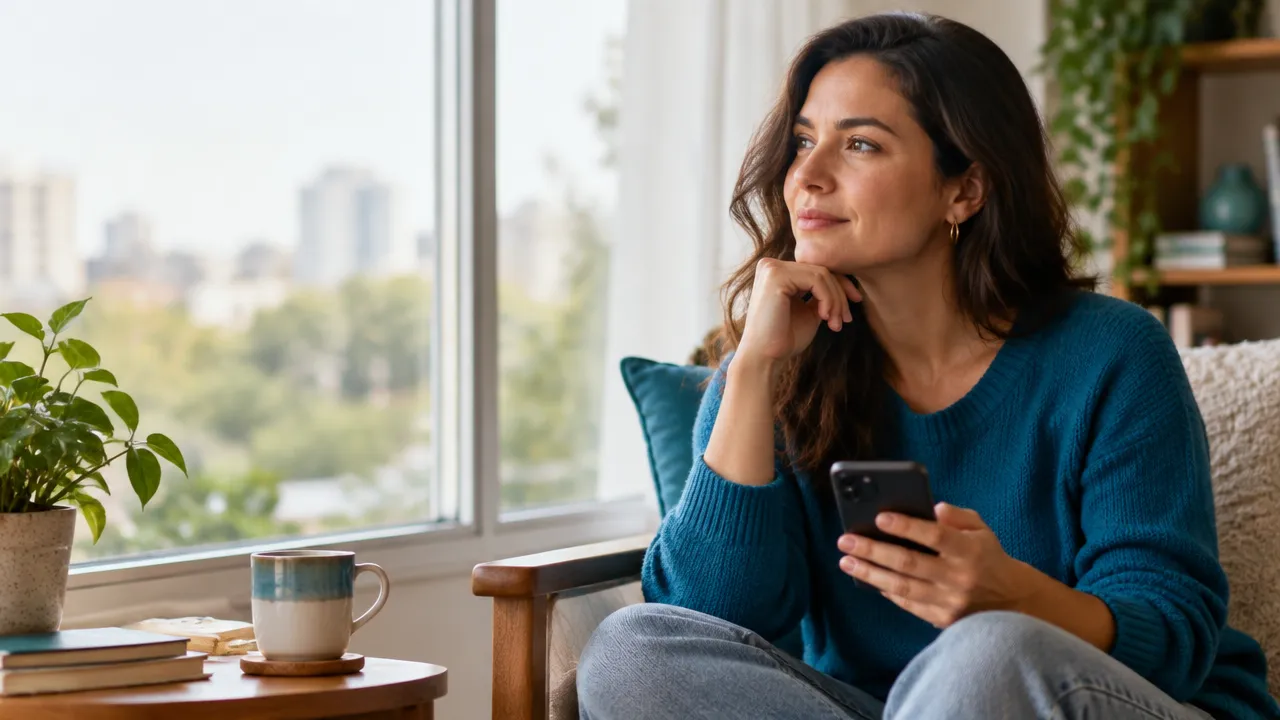 Mulher faz uma pausa consciente antes de responder a uma mensagem, representando inteligência emocional no cotidiano.