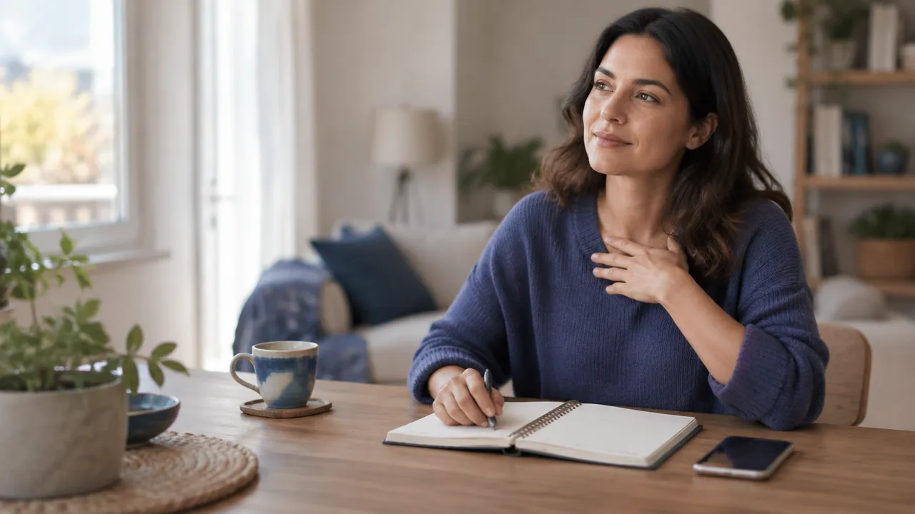 Mulher faz uma pausa consciente diante da agenda antes de tomar decisões cotidianas