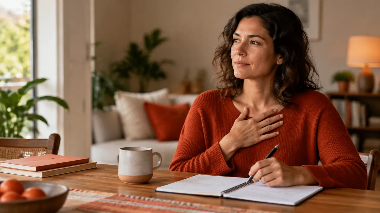 Mulher faz uma pausa para refletir com gentileza e responsabilidade diante de um caderno aberto