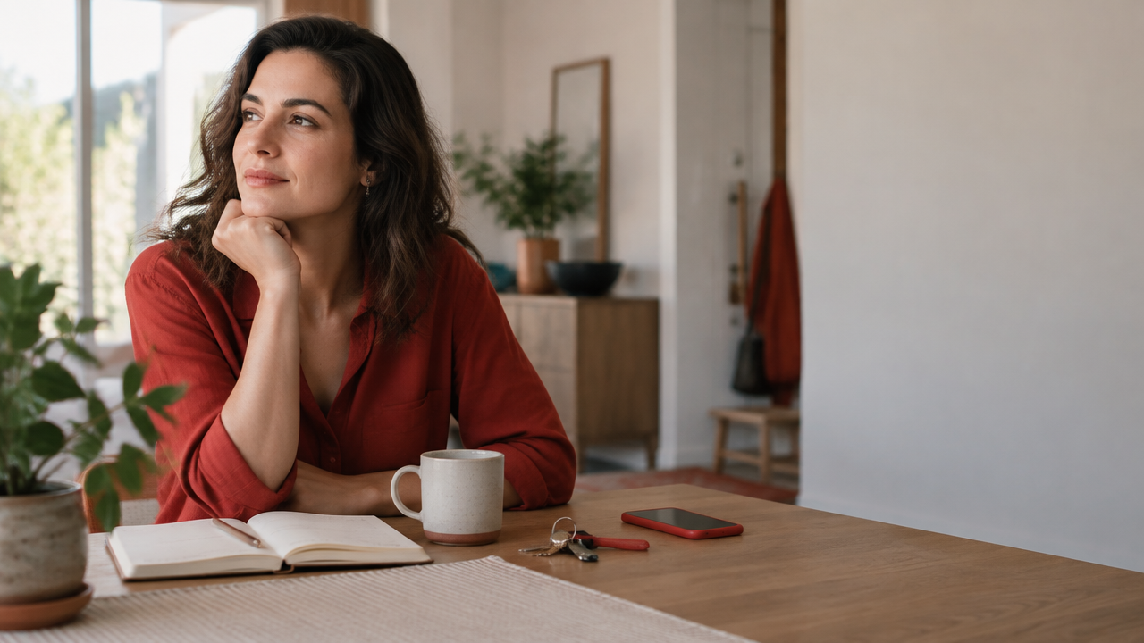 Mulher faz uma pausa reflexiva à mesa antes de tomar uma decisão cotidiana