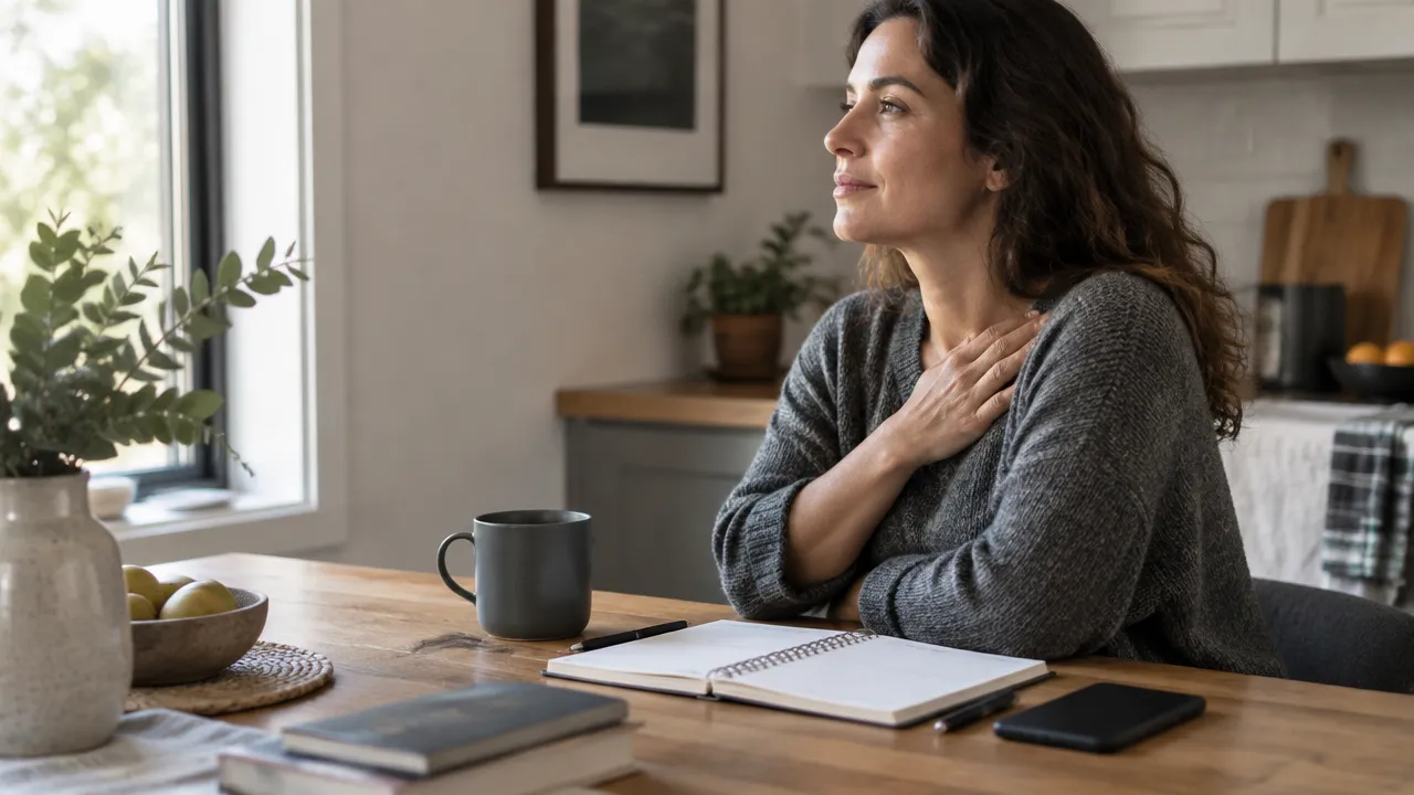 Mulher faz uma pausa reflexiva à mesa de casa, entre a agenda e os compromissos cotidianos