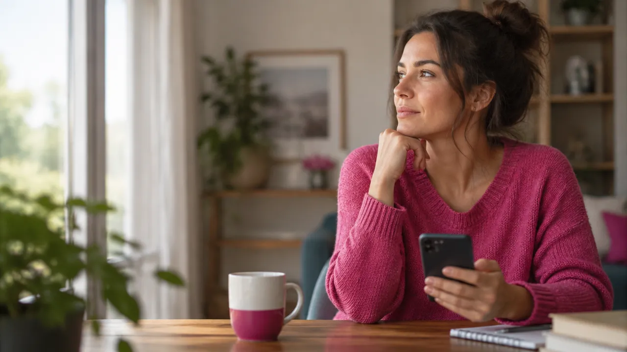Mulher faz uma pausa reflexiva antes de responder ao celular, representando autoconsciência e inteligência emocional.