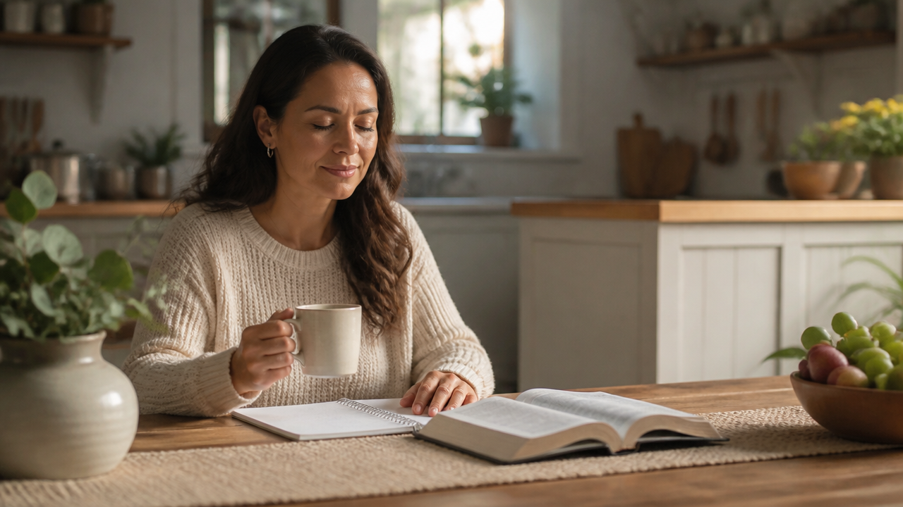 Mulher fazendo oração intencional na cozinha com Bíblia e caderno.