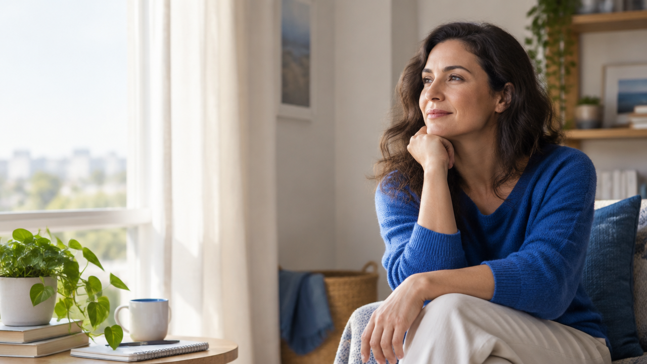 Mulher fazendo uma pausa consciente junto à janela enquanto enfrenta uma mudança inesperada