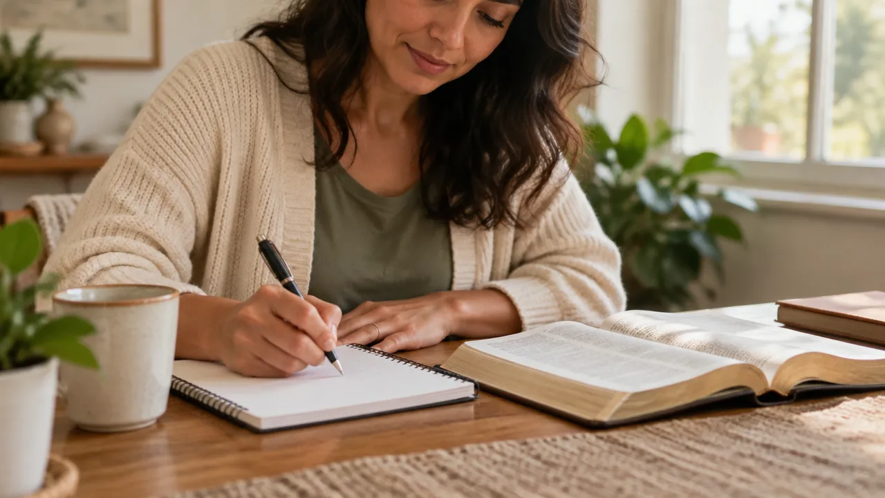 Mulher lendo a Bíblia e escrevendo em um caderno durante um momento de reflexão e oração.