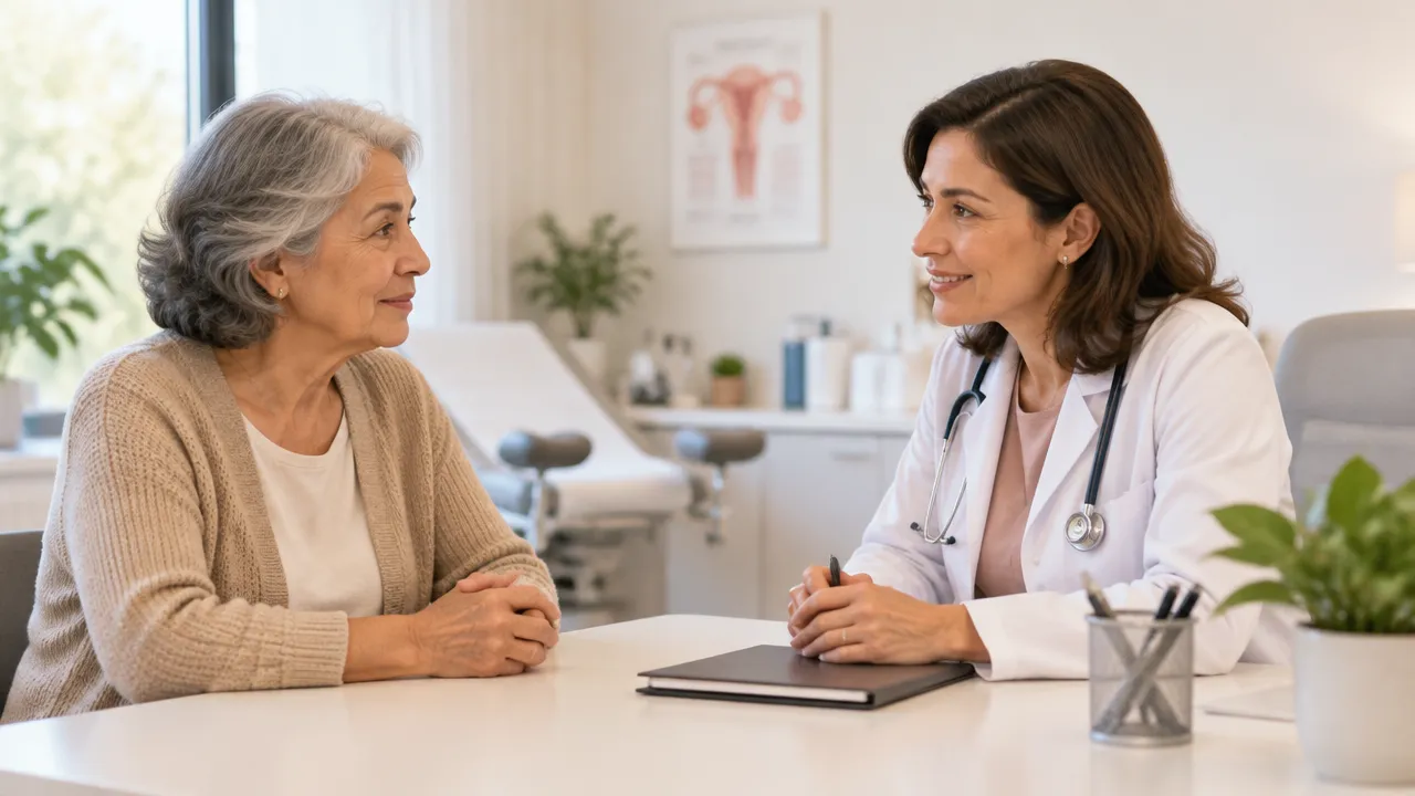 Mulher madura conversa com ginecologista durante avaliação de sangramento após a menopausa