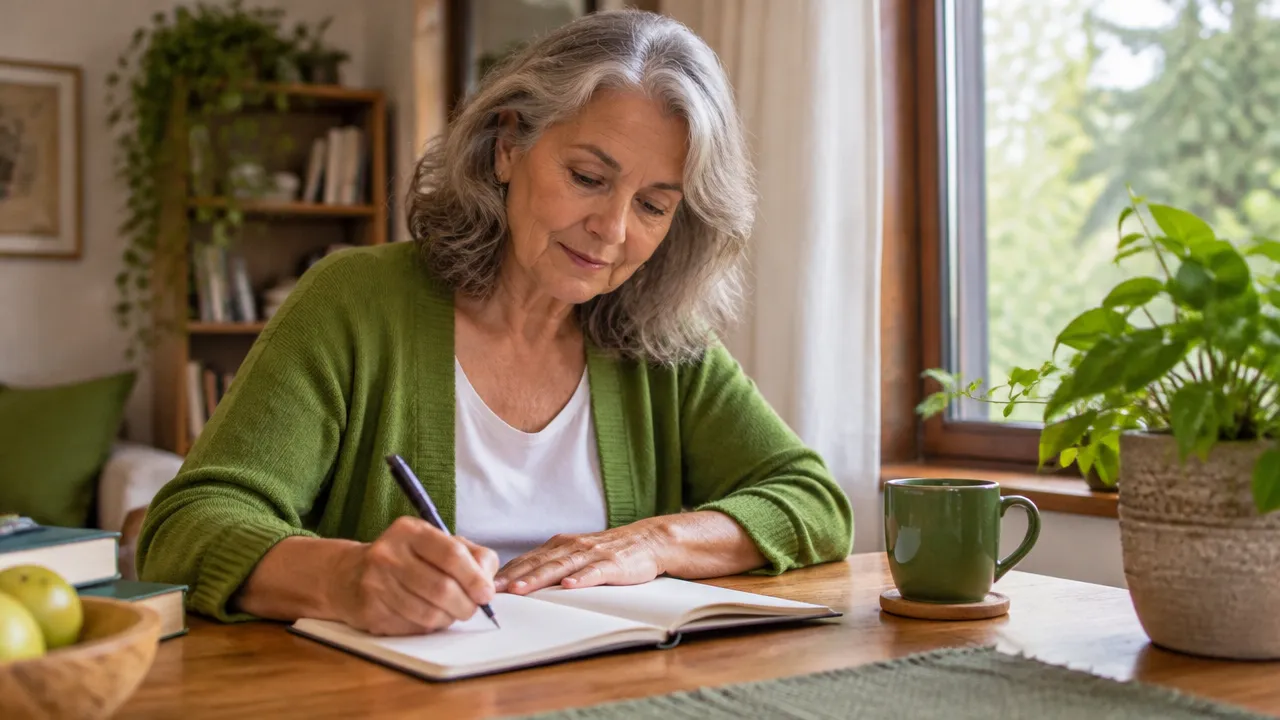 Mulher madura escrevendo em um caderno para refletir sobre prioridades e hábitos ao envelhecer