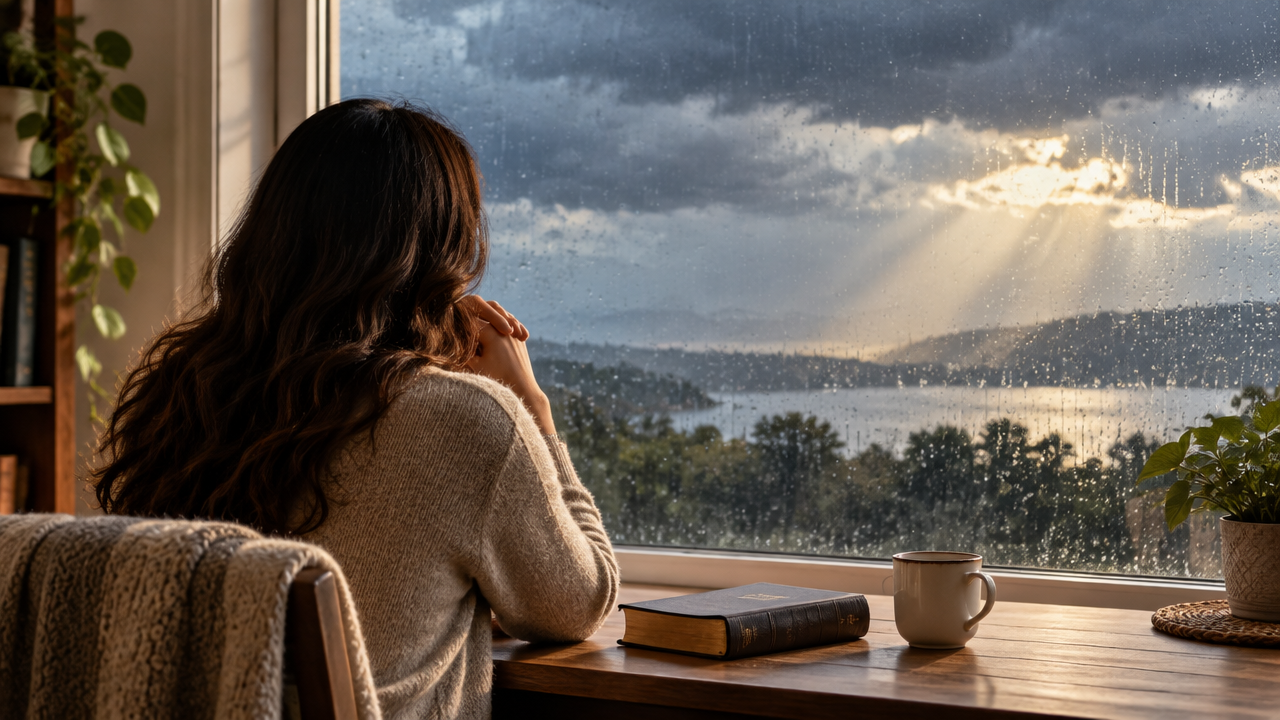 Mulher observa a chuva junto à janela, com uma Bíblia sobre a mesa, em um momento de esperança e fé durante uma fase difícil.