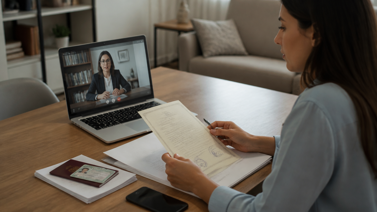 Mulher participa de atendimento online para concluir escritura de inventário com documentos sobre a mesa.