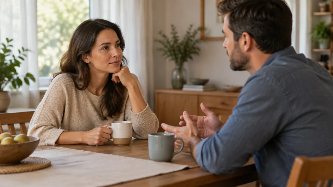 Mulher pausa e escuta o marido com atenção durante uma conversa respeitosa