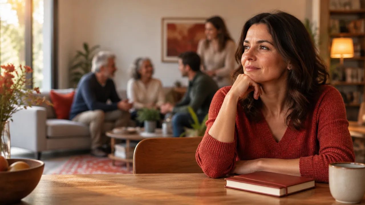 Mulher refletindo sobre uma decisão enquanto familiares conversam ao fundo, representando a diferença entre culpa pessoal e pressões do sistema familiar.