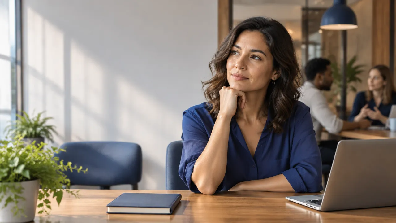 Mulher refletindo sobre uma decisão ética enquanto colegas conversam ao fundo