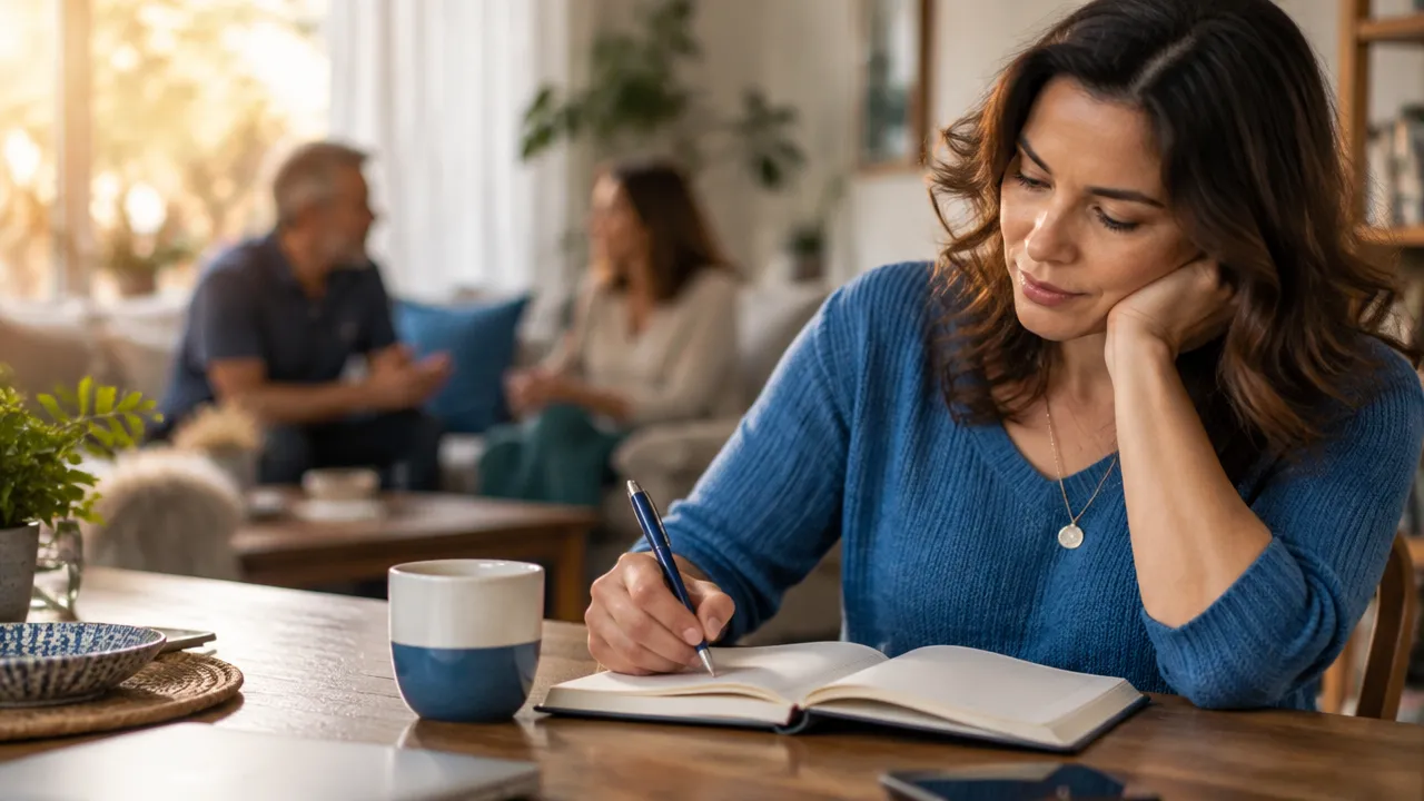 Mulher registra pensamentos em um caderno enquanto observa, ao fundo, uma conversa familiar desfocada
