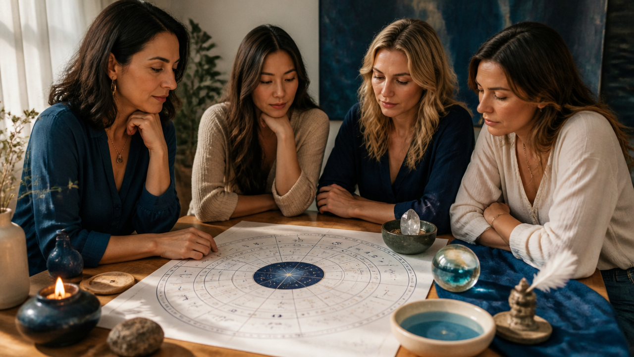 Mulheres observando um mapa astral com referências sutis aos quatro elementos