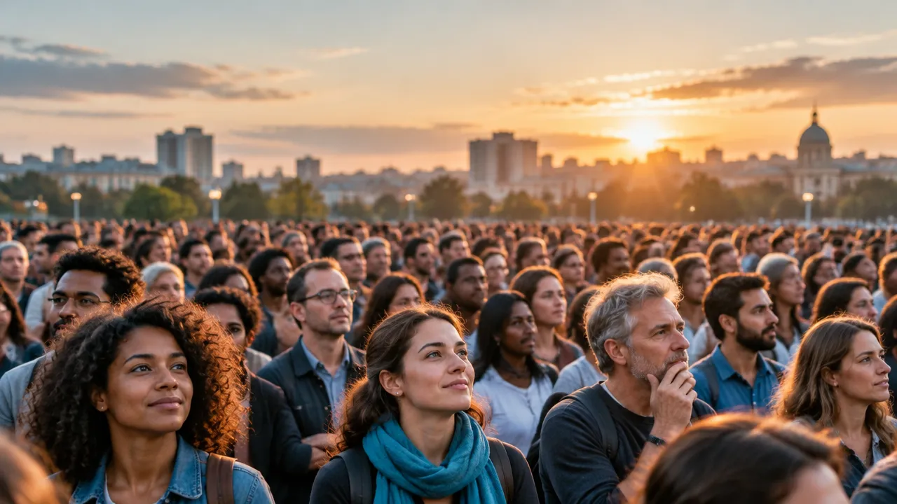Multidão diversa em uma praça, expressando emoções individuais que se influenciam no grupo.