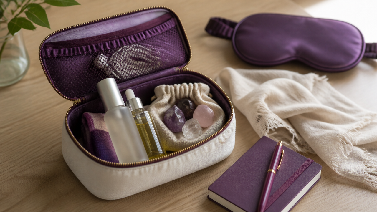 Nécessaire feminina com itens de bem-estar e espiritualidade organizados para viagem