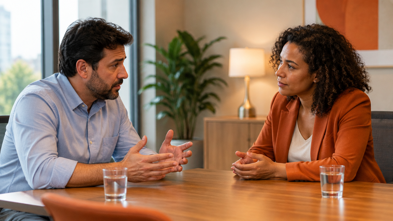 Negociadora escuta com atenção uma pessoa preocupada durante uma conversa difícil