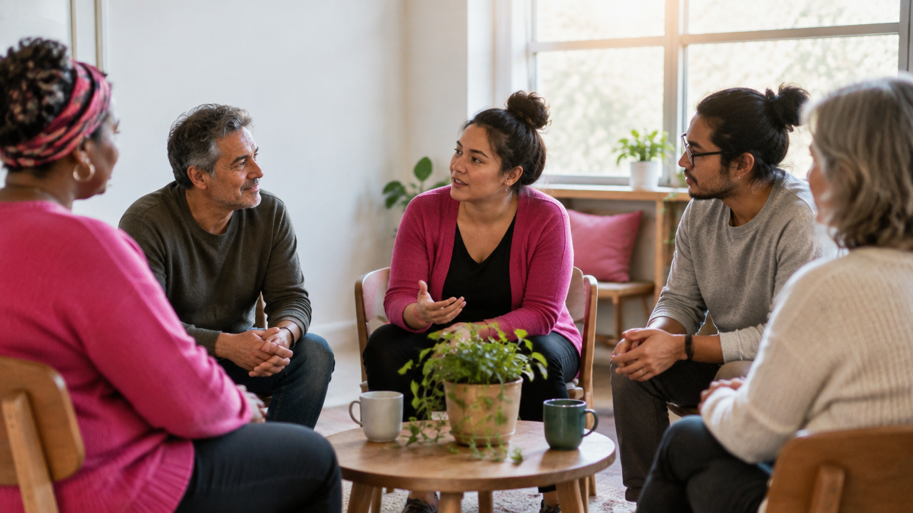 Neighbors listen and reconnect during a calm conversation in a community room