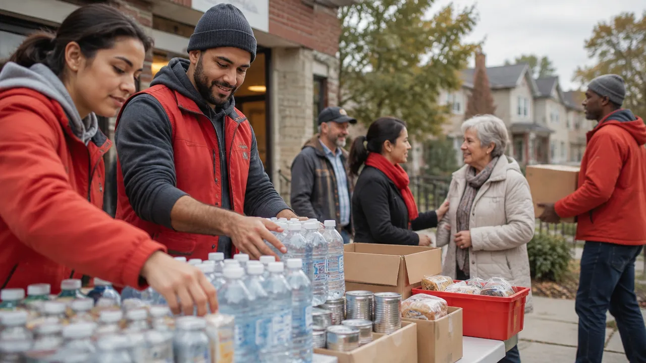 Neighbors organize shared supplies and support one another, showing how social ties strengthen community resilience.
