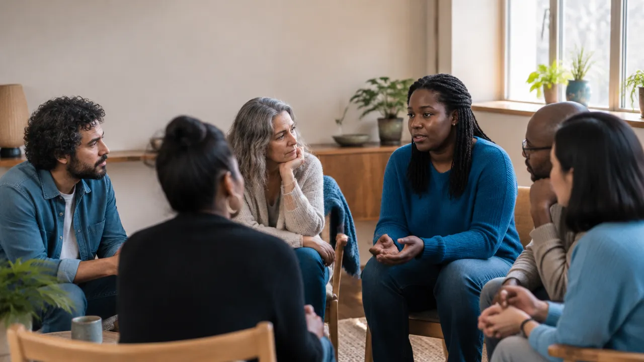 Neighbors sit together in a community room, listening and supporting one another after a shared difficult experience.